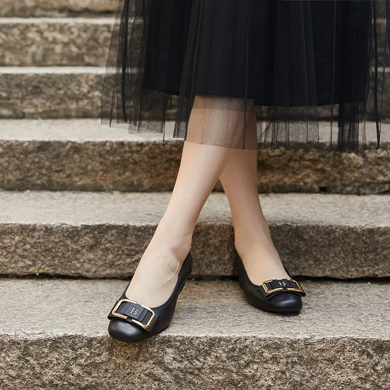 Women's Leather Low Heel Metal Buckle Embellished Pump