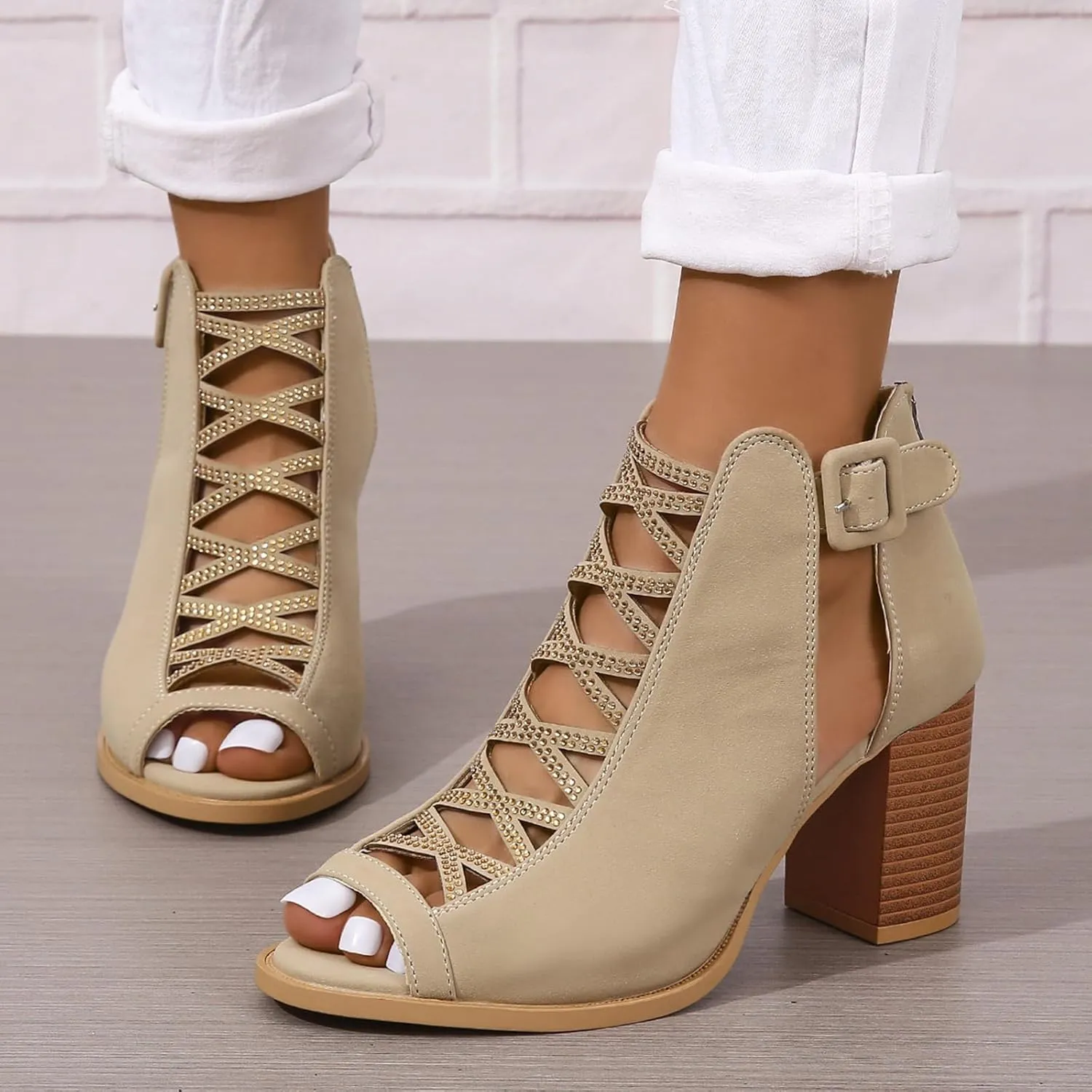 Womens Peep Toe Heels Chunky Heel Booties Ankle Strap Buckle Open Toe Cutout Dress Sandals Summer Block Heeled Party Sandal