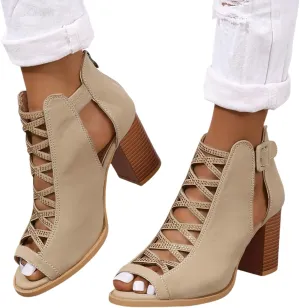 Womens Peep Toe Heels Chunky Heel Booties Ankle Strap Buckle Open Toe Cutout Dress Sandals Summer Block Heeled Party Sandal