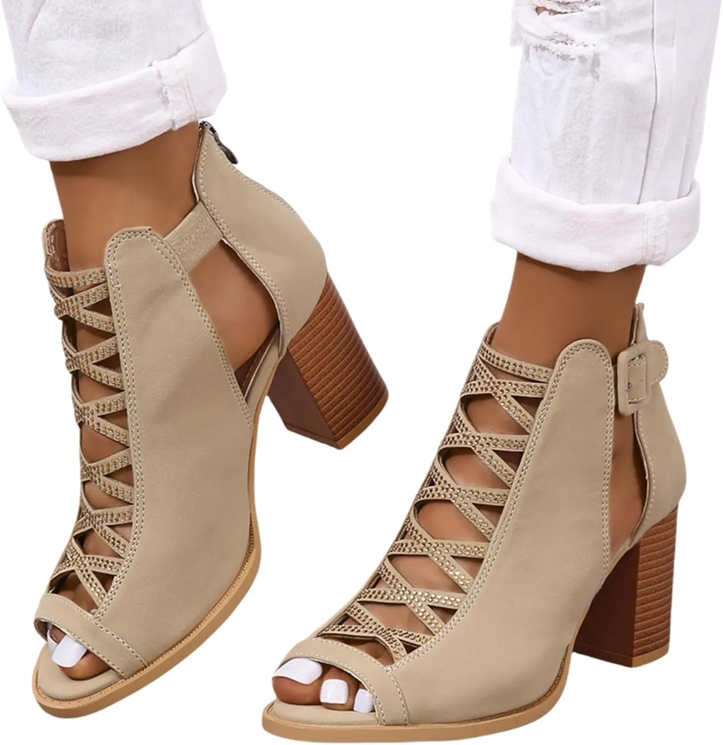 Womens Peep Toe Heels Chunky Heel Booties Ankle Strap Buckle Open Toe Cutout Dress Sandals Summer Block Heeled Party Sandal