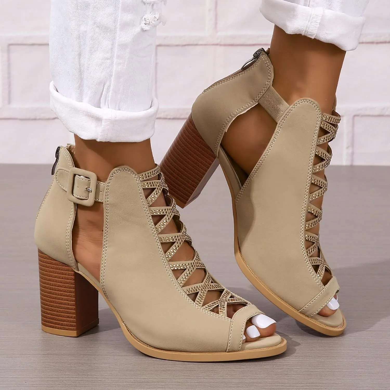 Womens Peep Toe Heels Chunky Heel Booties Ankle Strap Buckle Open Toe Cutout Dress Sandals Summer Block Heeled Party Sandal