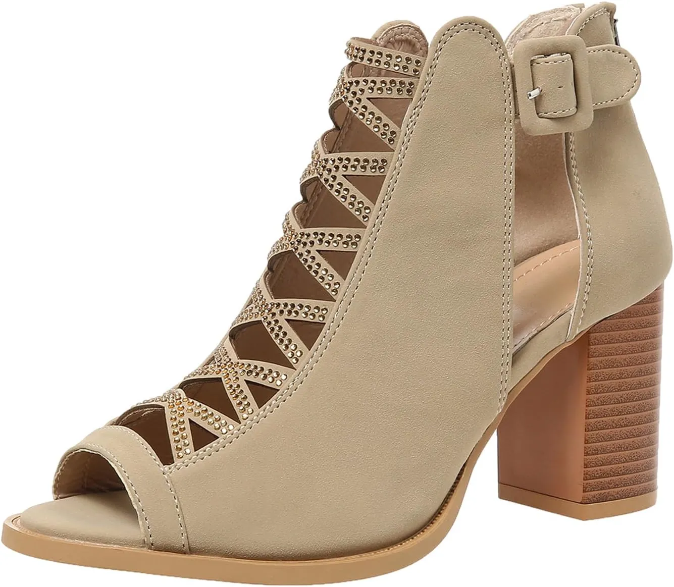 Womens Peep Toe Heels Chunky Heel Booties Ankle Strap Buckle Open Toe Cutout Dress Sandals Summer Block Heeled Party Sandal