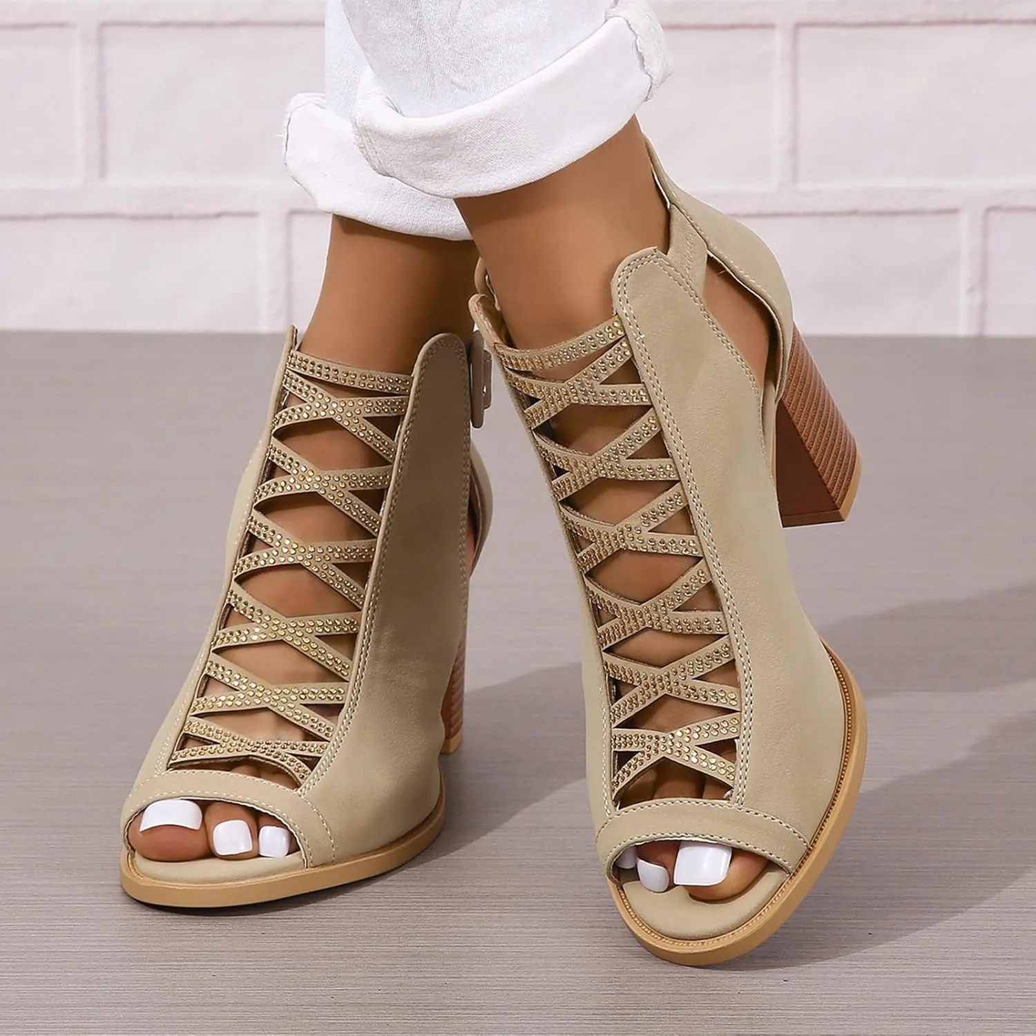 Womens Peep Toe Heels Chunky Heel Booties Ankle Strap Buckle Open Toe Cutout Dress Sandals Summer Block Heeled Party Sandal