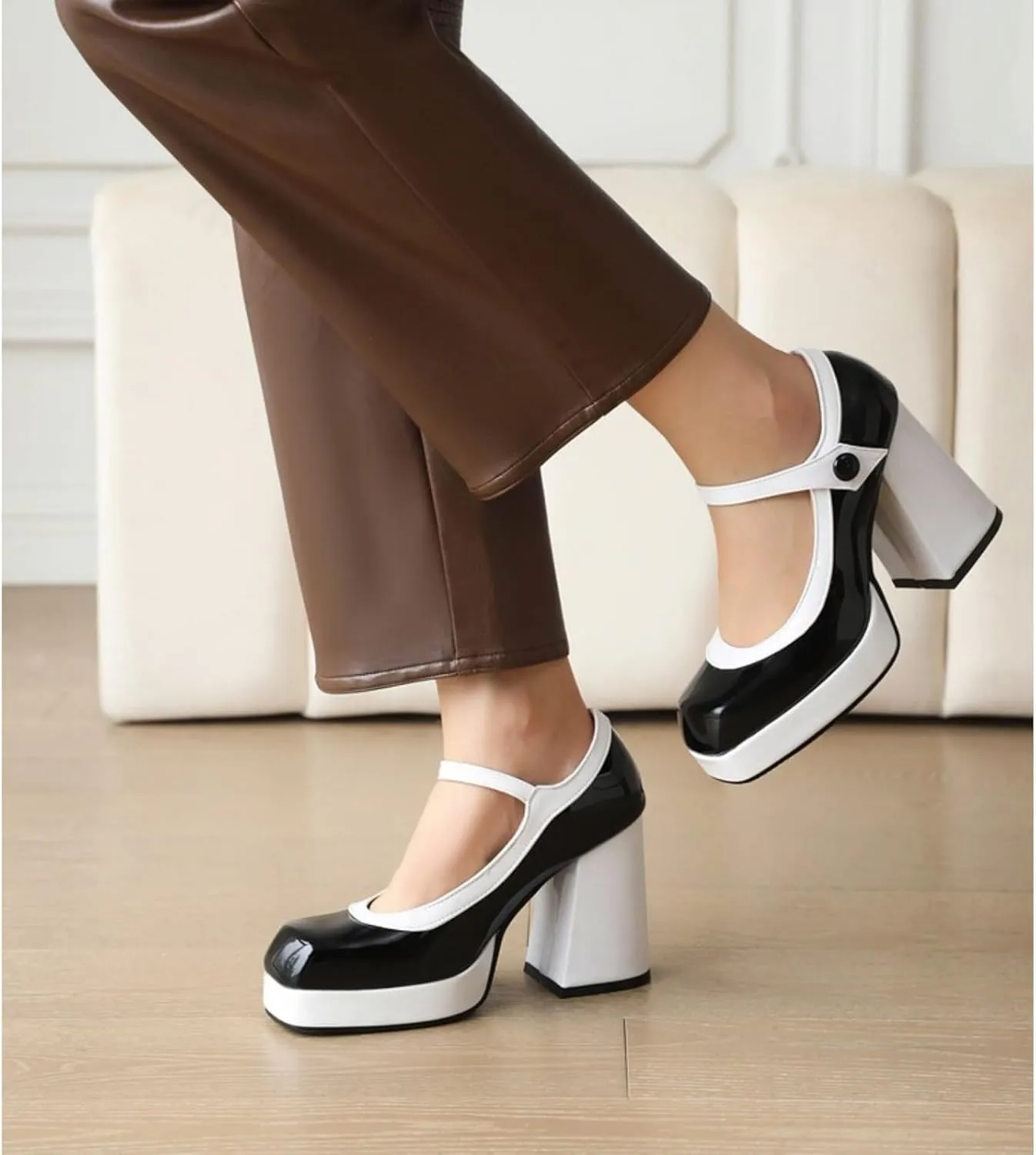 Women's Platform Chunky Block High Heels Pumps Comfortable Sexy Closed Square Toe Two-Tone Mary Jane Shoes Fashion Buckle Leather Wedding Party Dress Lolita Shoe