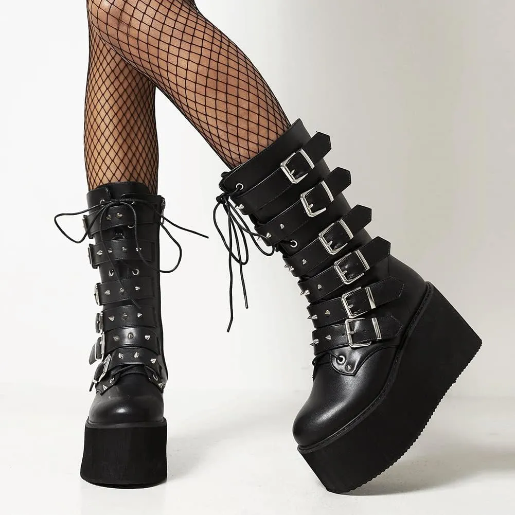 Womens Platform Mid Calf Combat Boots Winter Lace Up Wedge Heel Studded Goth Punk Buckle Motorcycle Knee High Boots