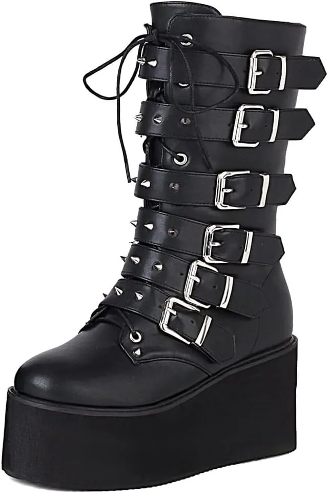 Womens Platform Mid Calf Combat Boots Winter Lace Up Wedge Heel Studded Goth Punk Buckle Motorcycle Knee High Boots
