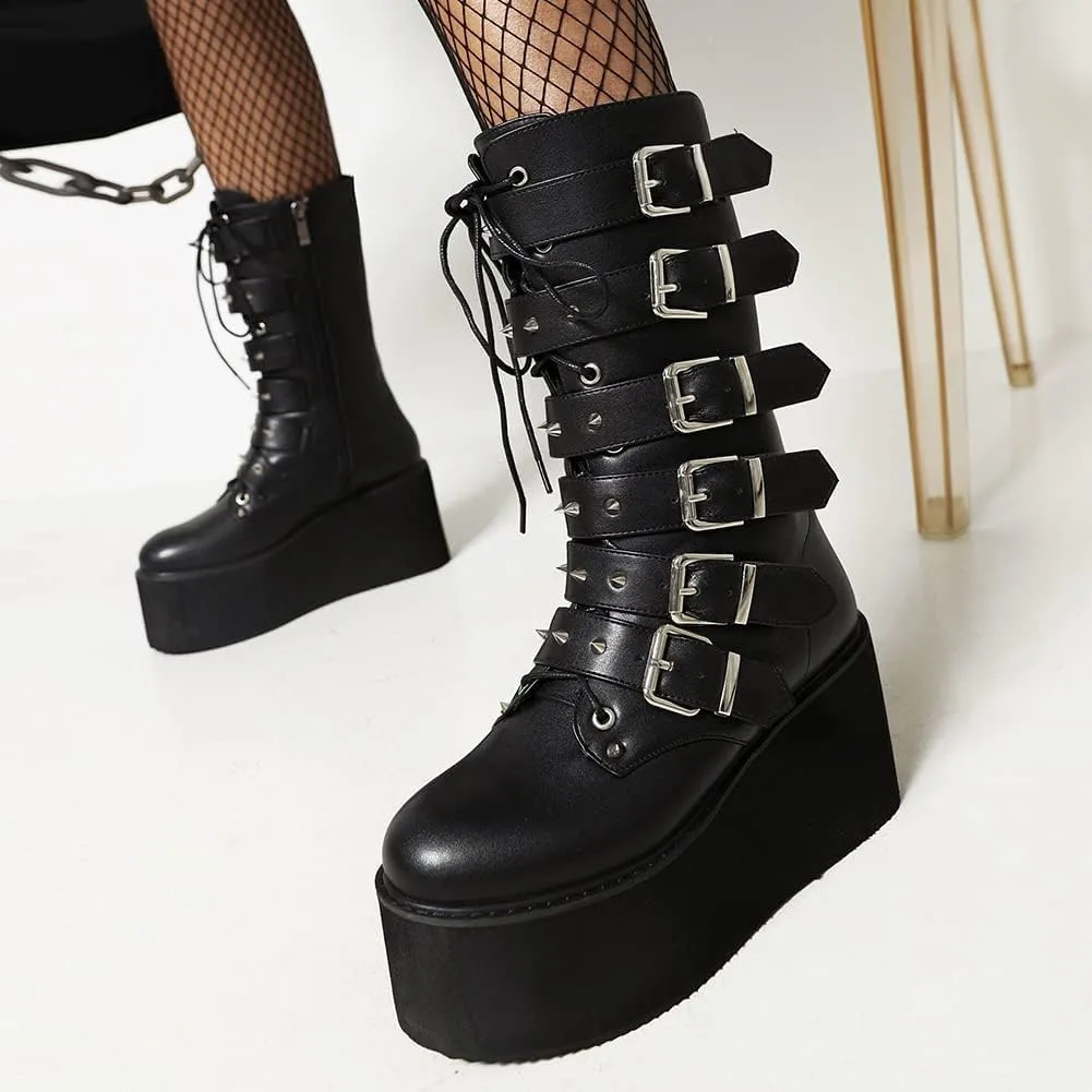Womens Platform Mid Calf Combat Boots Winter Lace Up Wedge Heel Studded Goth Punk Buckle Motorcycle Knee High Boots