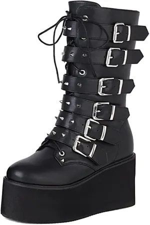 Womens Platform Mid Calf Combat Boots Winter Lace Up Wedge Heel Studded Goth Punk Buckle Motorcycle Knee High Boots