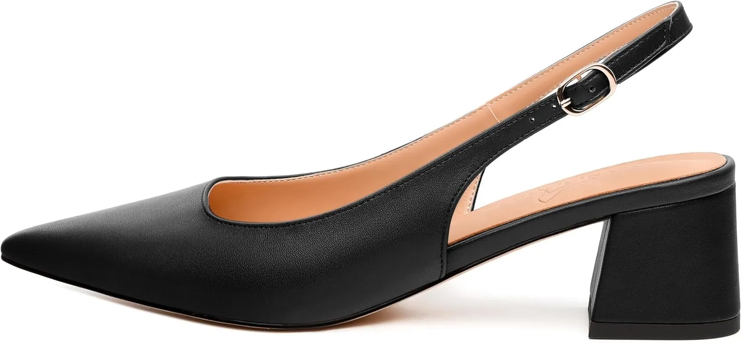 Womens Slingback Pumps, Pointed Toe Mid Chunky Heel Pump Shoes for Women, Leather Insole Comfort Daily Pumps 2"