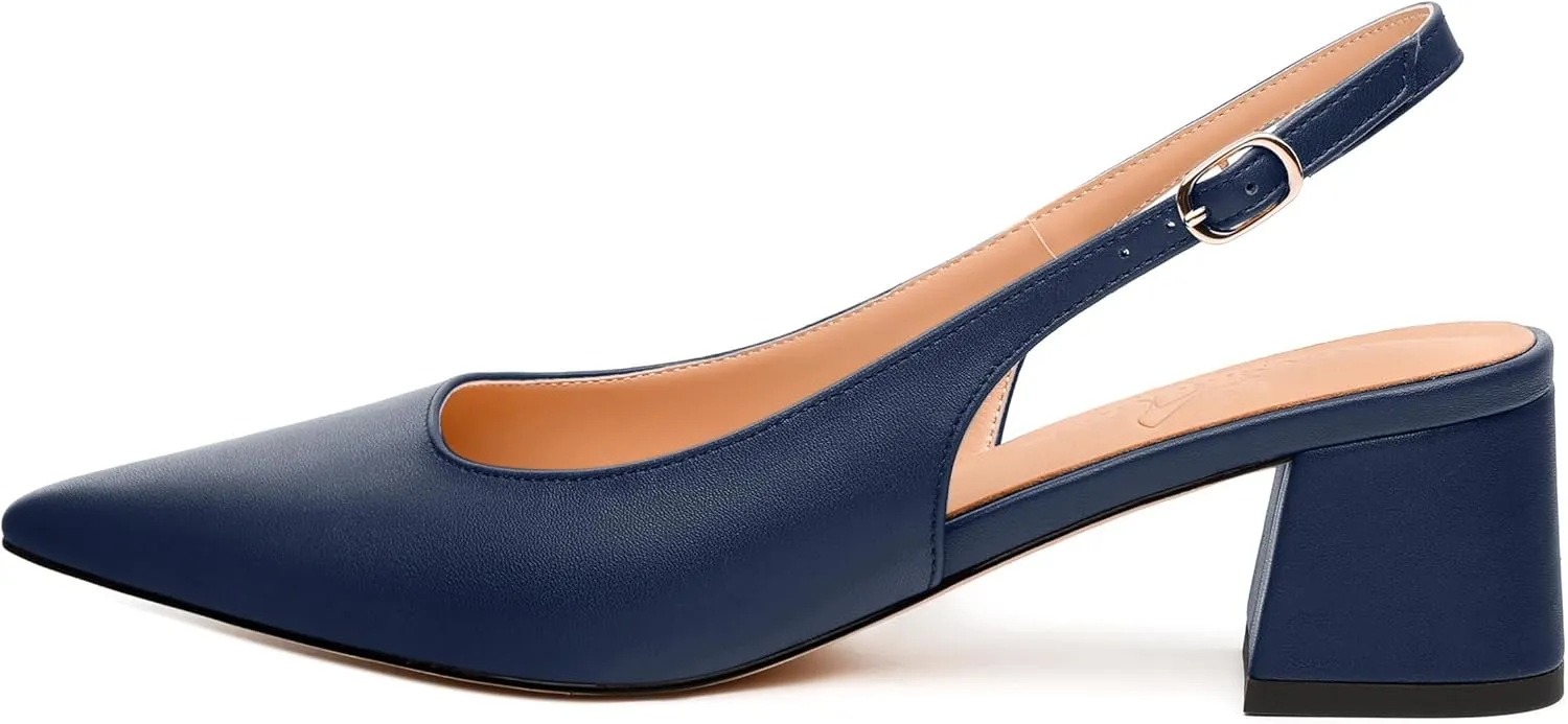 Womens Slingback Pumps, Pointed Toe Mid Chunky Heel Pump Shoes for Women, Leather Insole Comfort Daily Pumps 2"