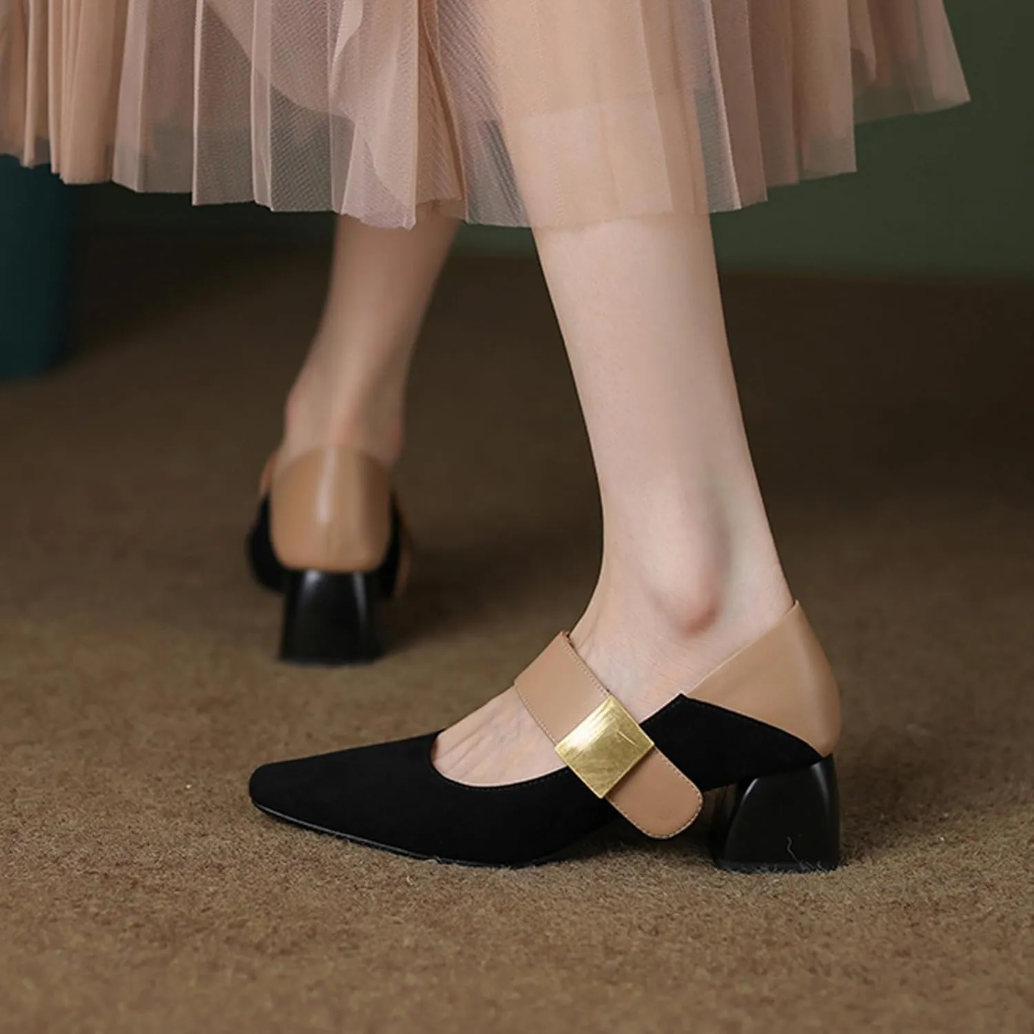 Women's Square Toe Chunky Heel Pumps Closed Toe Hook Loop Mary Jane Shoes Classic Retro Comfortable Heels Office Wedding Work Dress Shoes