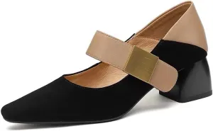 Women's Square Toe Chunky Heel Pumps Closed Toe Hook Loop Mary Jane Shoes Classic Retro Comfortable Heels Office Wedding Work Dress Shoes