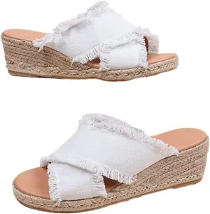 Women's Straw Wedge Sandals Fashion Cross Canvas Slip-on Slipper Hemp Rope Platform Summer Beach Shoes Ladies Comfy Non-Slip Lightweight Sandals