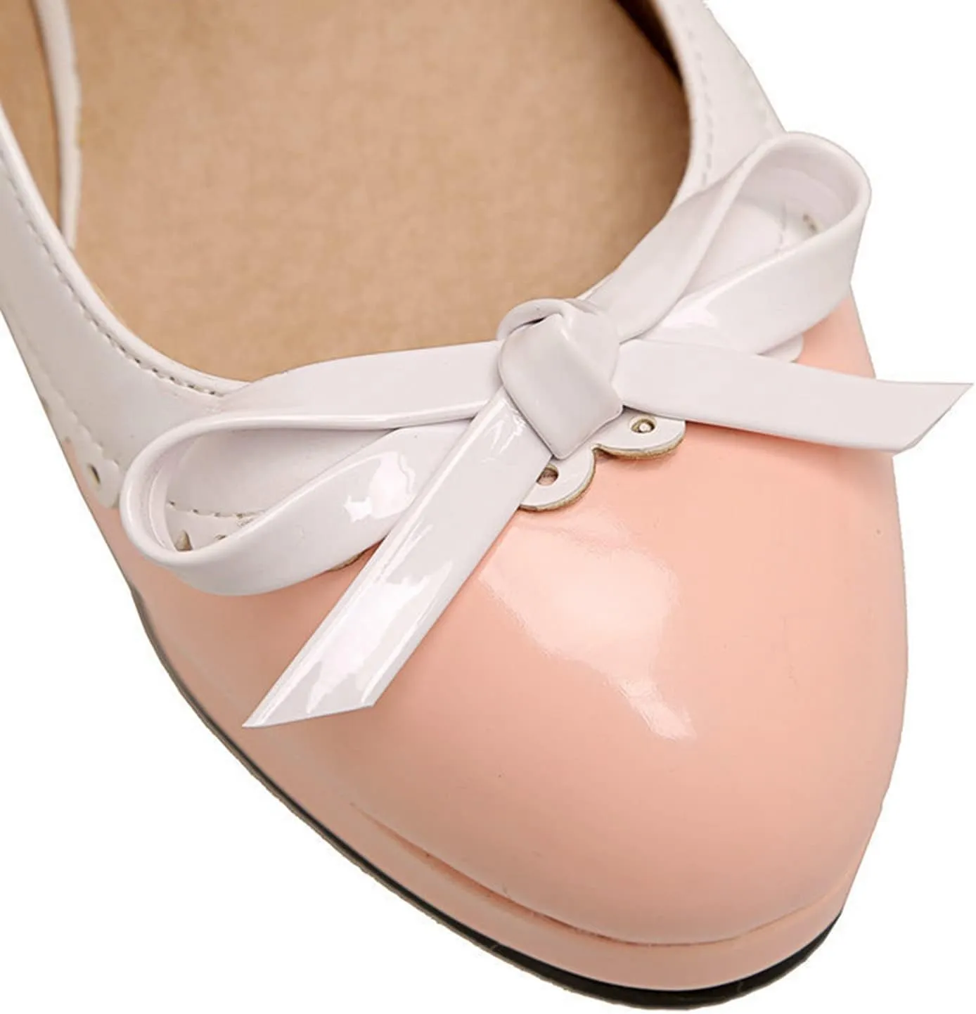 Women's Sweet Bow High Heel Dress Shoes Platform Ankle Strap Two Tone Round Toe Wedding Party Pumps
