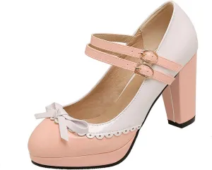 Women's Sweet Bow High Heel Dress Shoes Platform Ankle Strap Two Tone Round Toe Wedding Party Pumps