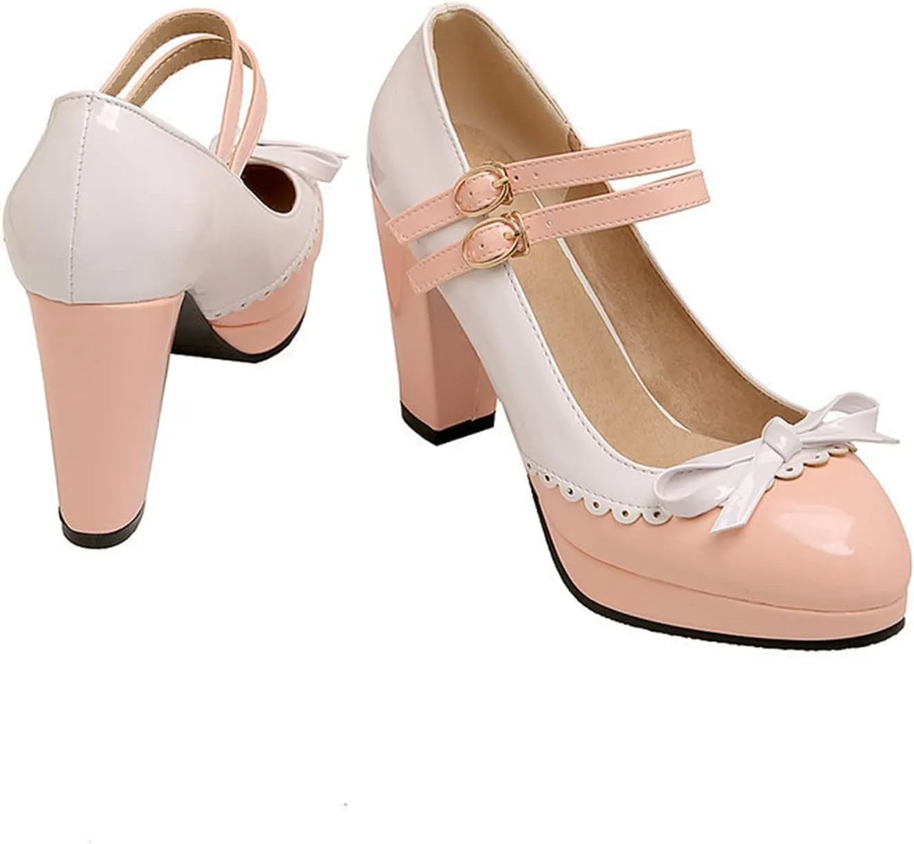 Women's Sweet Bow High Heel Dress Shoes Platform Ankle Strap Two Tone Round Toe Wedding Party Pumps