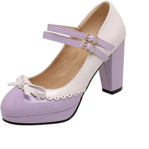 Women's Sweet Bow High Heel Dress Shoes Platform Ankle Strap Two Tone Round Toe Wedding Party Pumps