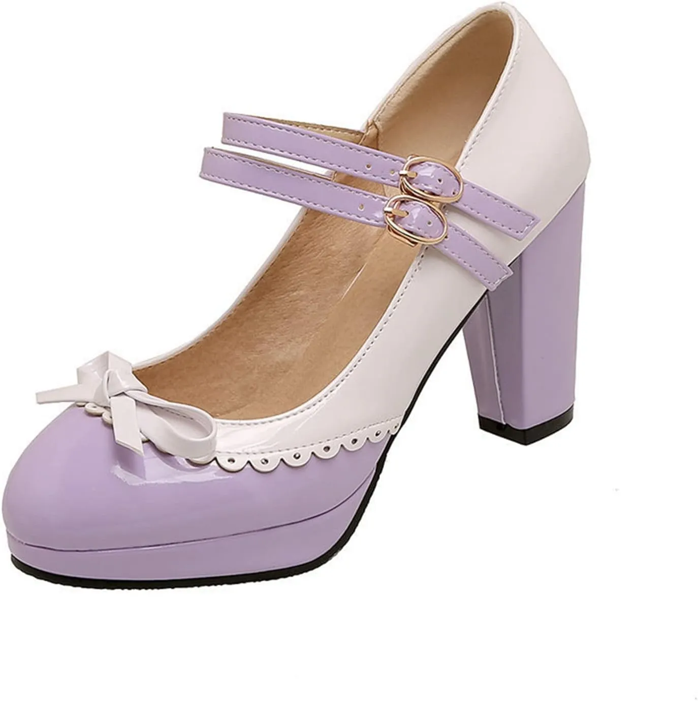 Women's Sweet Bow High Heel Dress Shoes Platform Ankle Strap Two Tone Round Toe Wedding Party Pumps