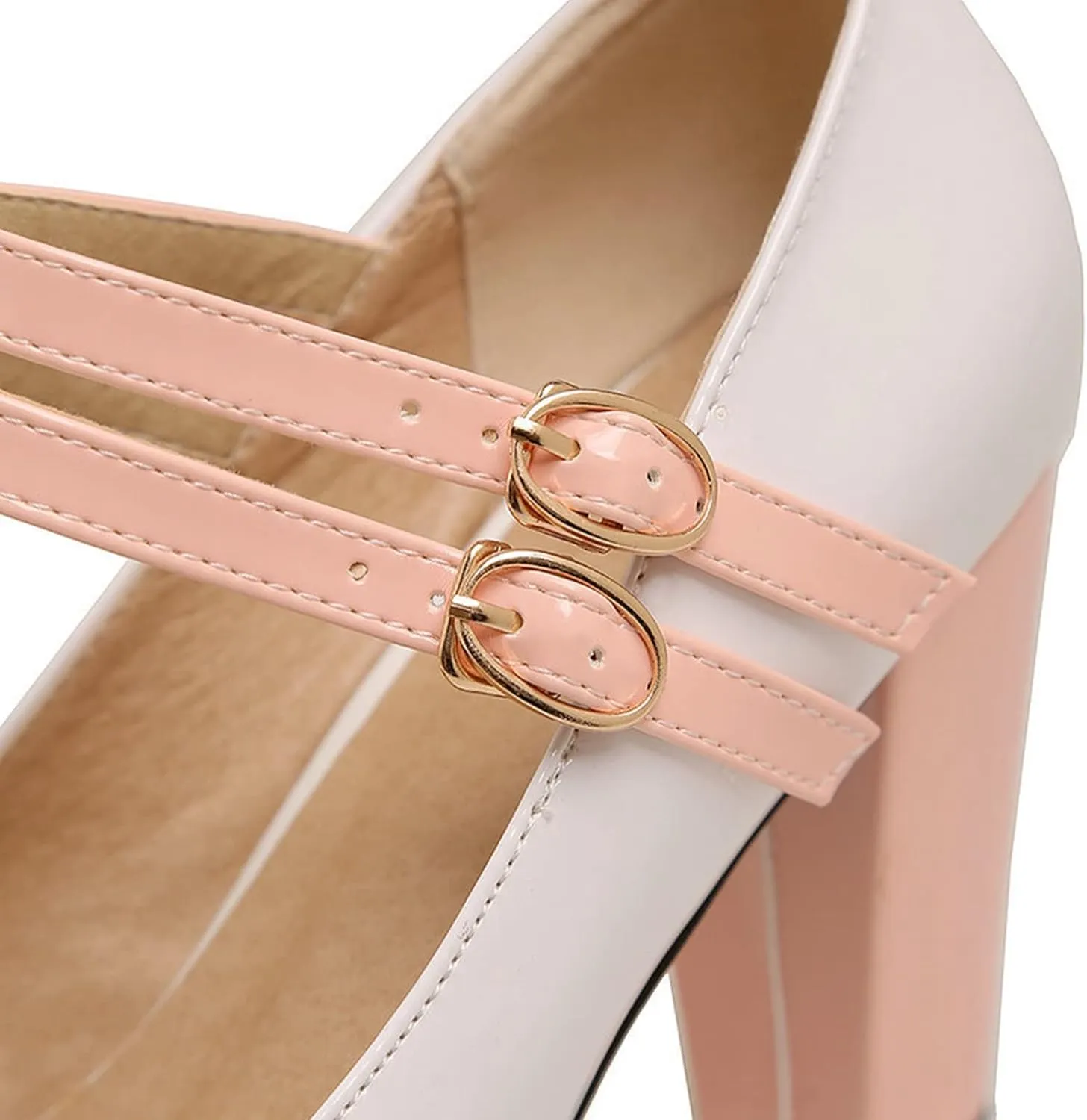 Women's Sweet Bow High Heel Dress Shoes Platform Ankle Strap Two Tone Round Toe Wedding Party Pumps