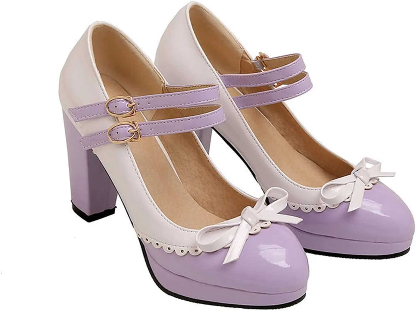 Women's Sweet Bow High Heel Dress Shoes Platform Ankle Strap Two Tone Round Toe Wedding Party Pumps