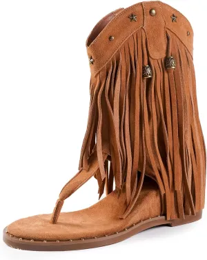 Women's Tassel Gladiator Flats Sandals Roman Thong Flip Flops Sandal with Rivets Bohemian Fringe Wedge Heel Shoes Summer Western Flat Ankle Boots