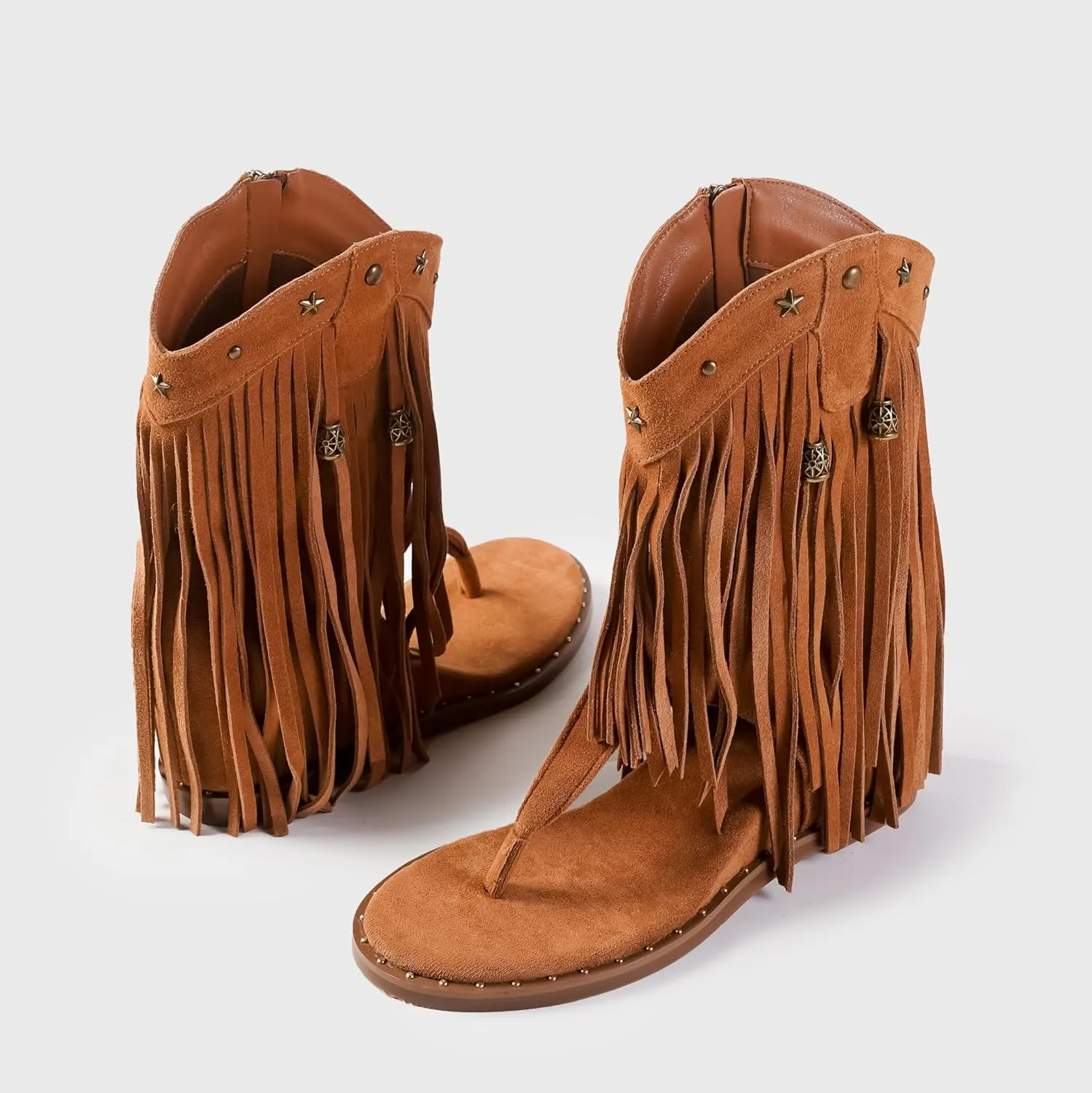 Women's Tassel Gladiator Flats Sandals Roman Thong Flip Flops Sandal with Rivets Bohemian Fringe Wedge Heel Shoes Summer Western Flat Ankle Boots