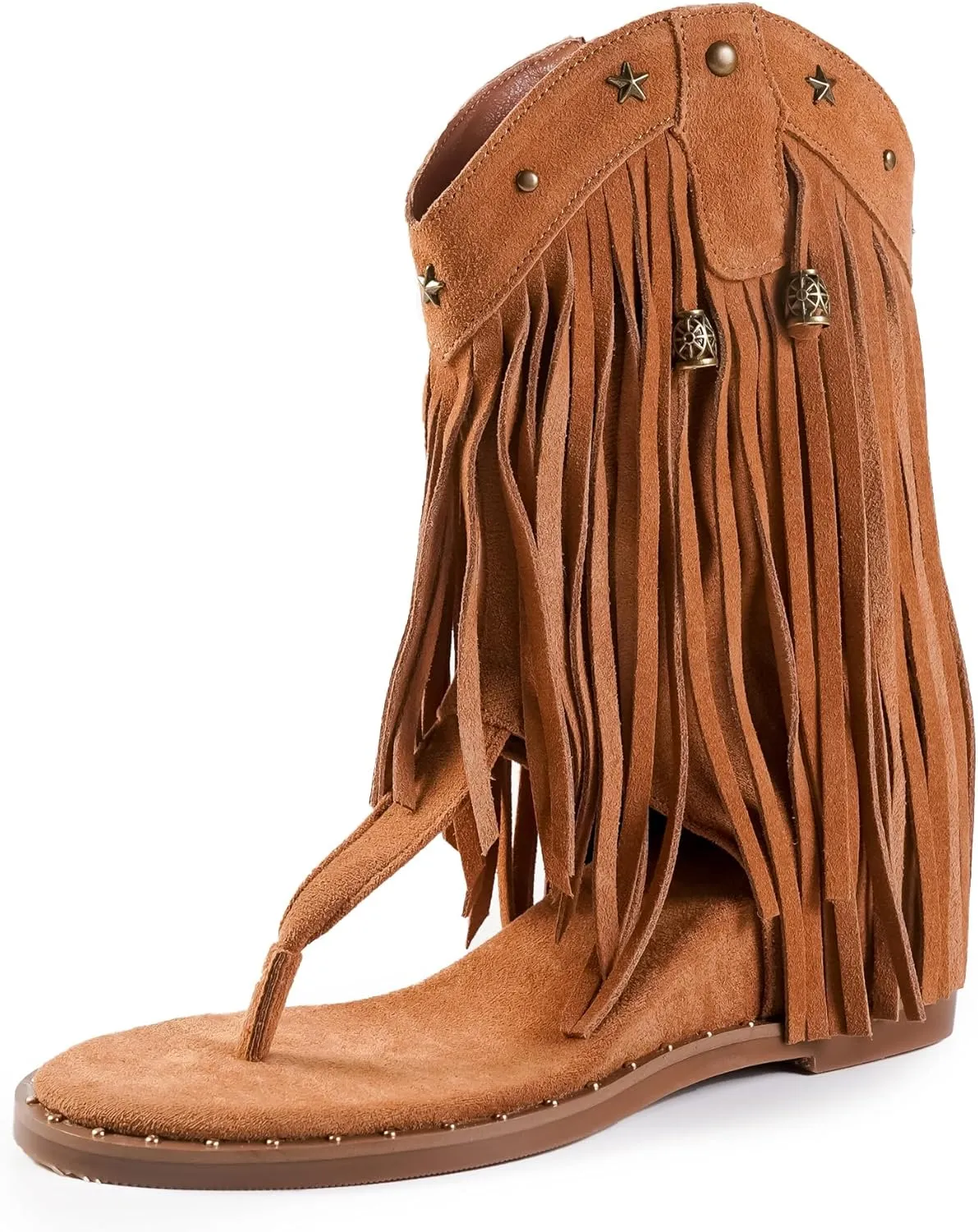 Women's Tassel Gladiator Flats Sandals Roman Thong Flip Flops Sandal with Rivets Bohemian Fringe Wedge Heel Shoes Summer Western Flat Ankle Boots