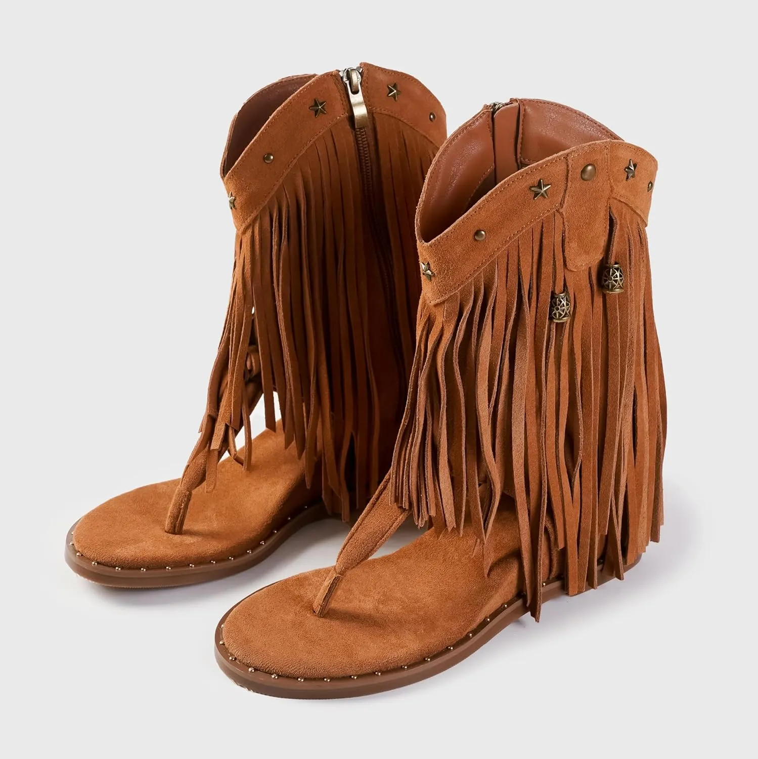 Women's Tassel Gladiator Flats Sandals Roman Thong Flip Flops Sandal with Rivets Bohemian Fringe Wedge Heel Shoes Summer Western Flat Ankle Boots