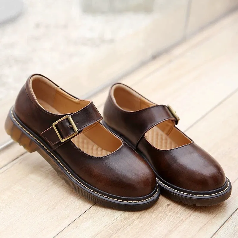 Womens Vintage Buckle Velcro Leather Comforts Flats Mary Janes Shoes