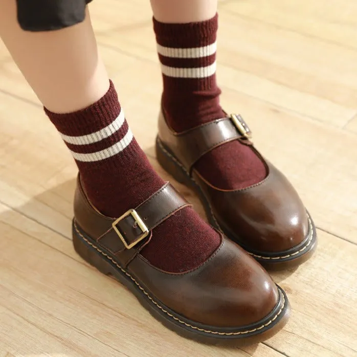 Womens Vintage Buckle Velcro Leather Comforts Flats Mary Janes Shoes
