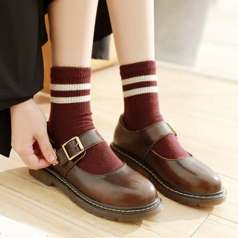 Womens Vintage Buckle Velcro Leather Comforts Flats Mary Janes Shoes