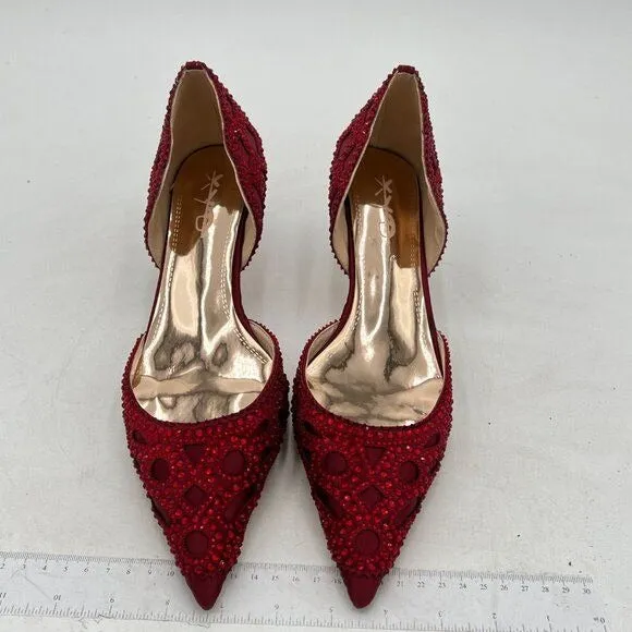 XYD Burgundy Pointed Toe D'Orsay Low Heel Rhinestone Studs Wedding Pump