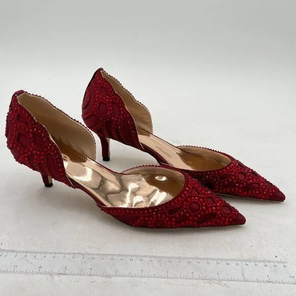 XYD Burgundy Pointed Toe D'Orsay Low Heel Rhinestone Studs Wedding Pump