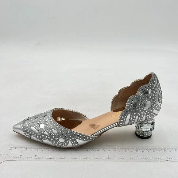 XYD Silver Pointed Toe D'Orsay Crystal Chunky Low Heel Stud Slip-On Wedding Pump