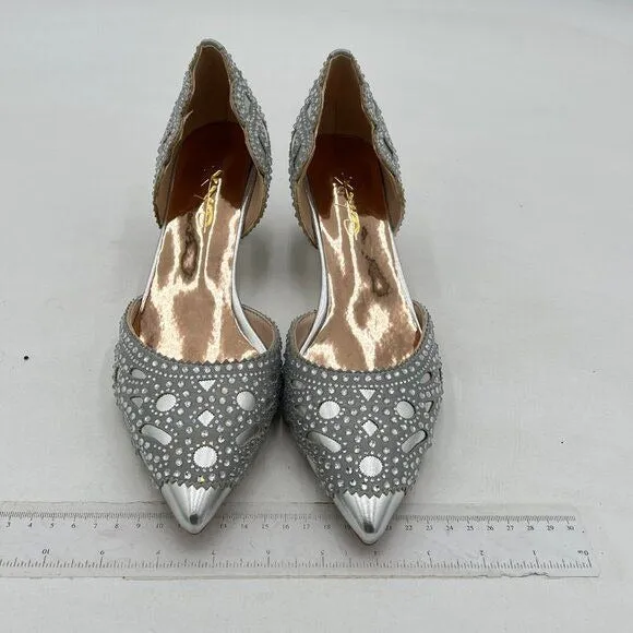 XYD Silver Pointed Toe D'Orsay Crystal Chunky Low Heel Stud Slip-On Wedding Pump