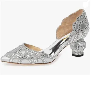 XYD Silver Pointed Toe D'Orsay Crystal Chunky Low Heel Stud Slip-On Wedding Pump