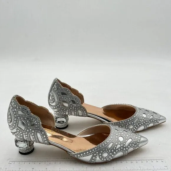 XYD Silver Pointed Toe D'Orsay Crystal Chunky Low Heel Stud Slip-On Wedding Pump