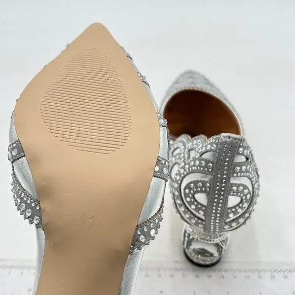 XYD Silver Pointed Toe D'Orsay Crystal Chunky Low Heel Stud Slip-On Wedding Pump