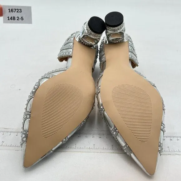 XYD Silver Pointed Toe D'Orsay Crystal Chunky Low Heel Stud Slip-On Wedding Pump