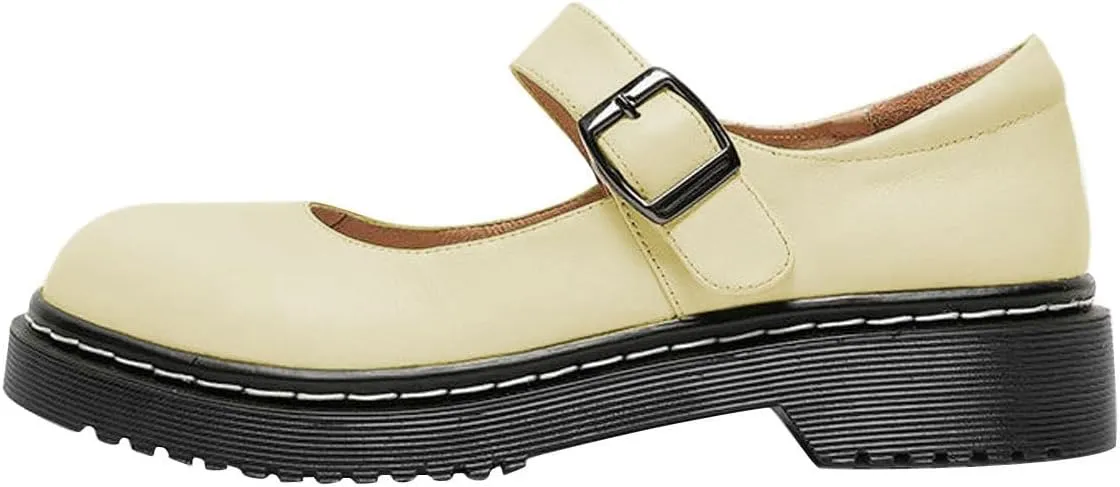 YDN Women Classic Round Closed Toe Mary Jane Flats Platform Adjustable Single Ankle Strap Buckle Comfy Cute Pump Leather Patry Cosplay Girls Dress Shoe Size 4-16