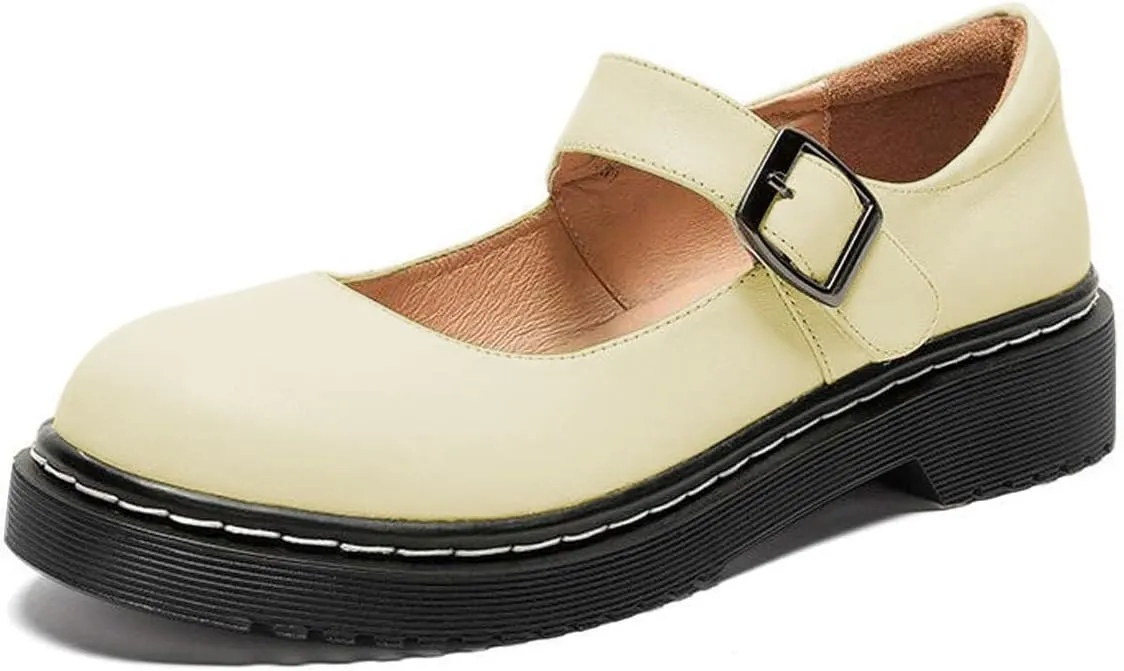 YDN Women Classic Round Closed Toe Mary Jane Flats Platform Adjustable Single Ankle Strap Buckle Comfy Cute Pump Leather Patry Cosplay Girls Dress Shoe Size 4-16