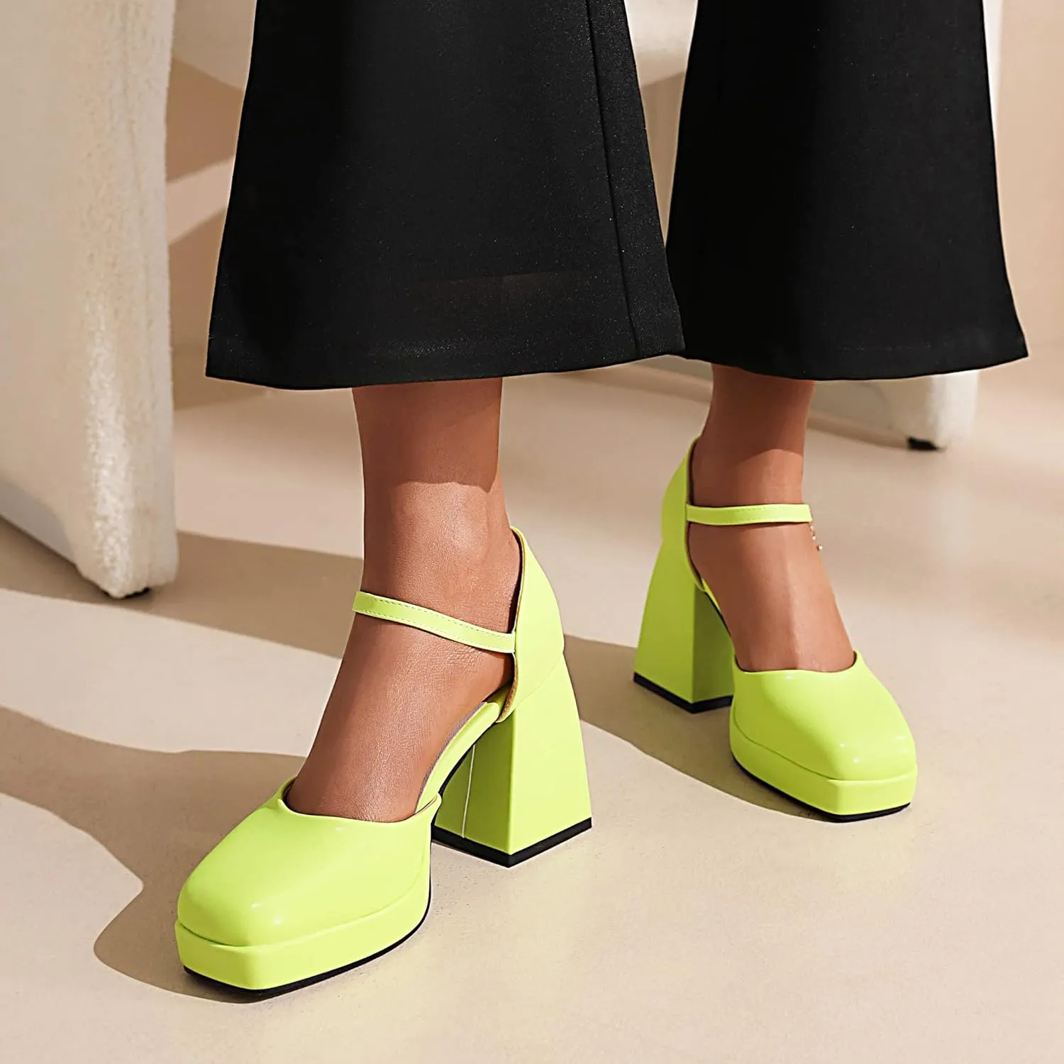 YIYA Women's Chunky Heels Platform Mary Jane Shoes Adjustable Ankle Strap Star Buckle Square Toe Block High Heel Dress Pumps Shoes