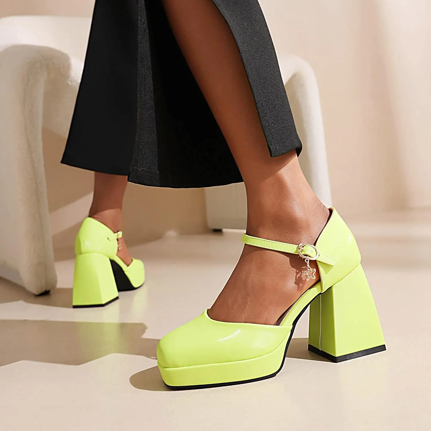YIYA Women's Chunky Heels Platform Mary Jane Shoes Adjustable Ankle Strap Star Buckle Square Toe Block High Heel Dress Pumps Shoes