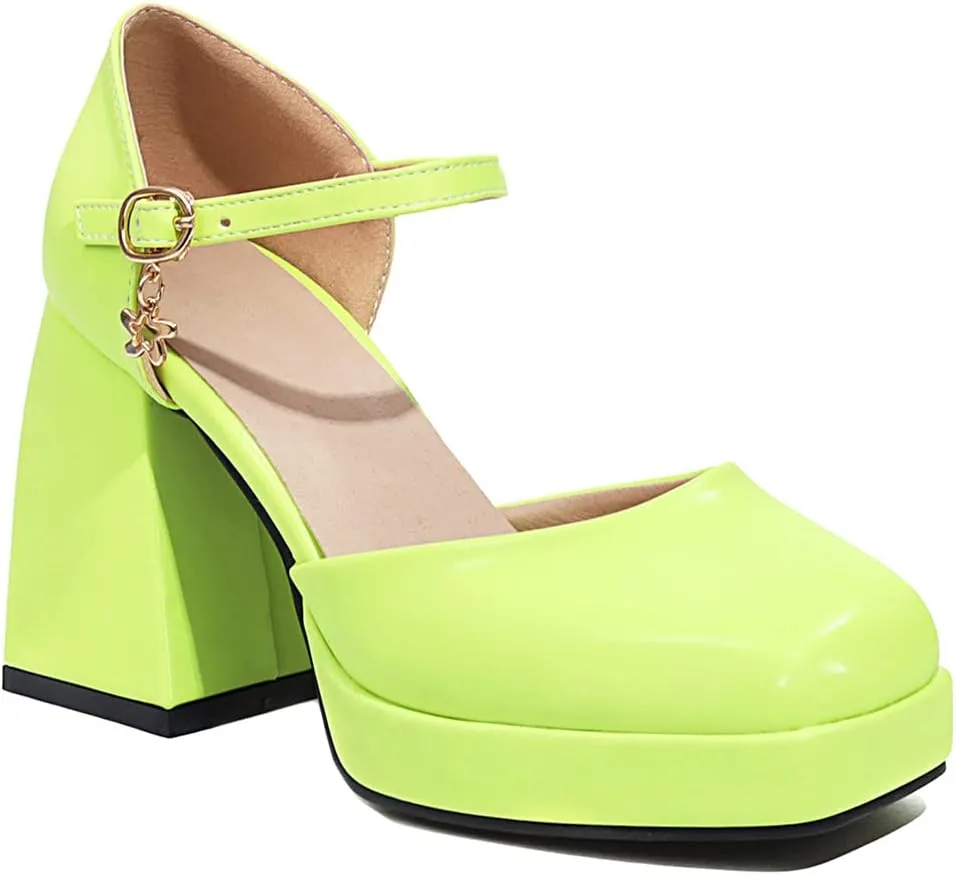 YIYA Women's Chunky Heels Platform Mary Jane Shoes Adjustable Ankle Strap Star Buckle Square Toe Block High Heel Dress Pumps Shoes