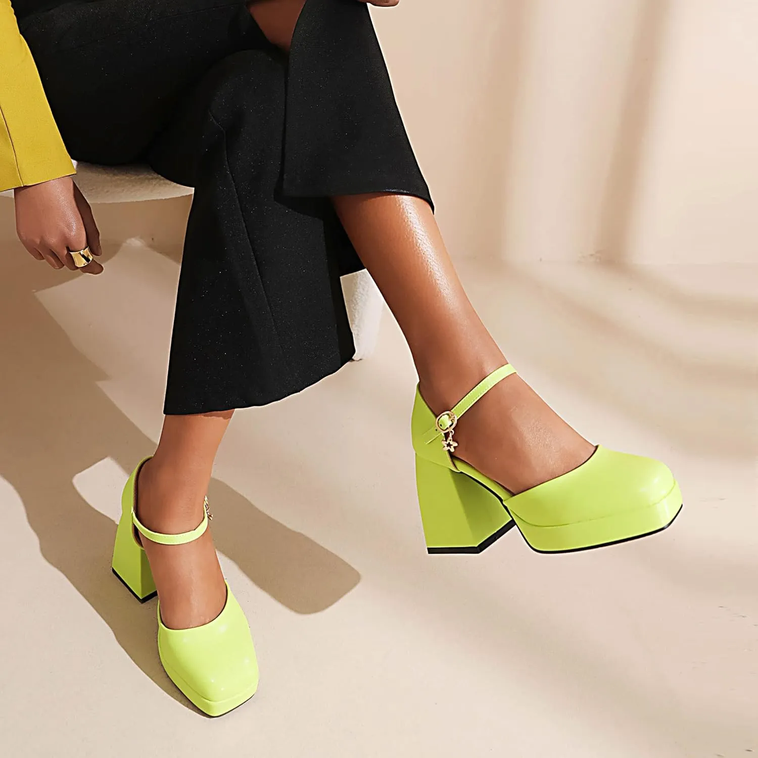 YIYA Women's Chunky Heels Platform Mary Jane Shoes Adjustable Ankle Strap Star Buckle Square Toe Block High Heel Dress Pumps Shoes