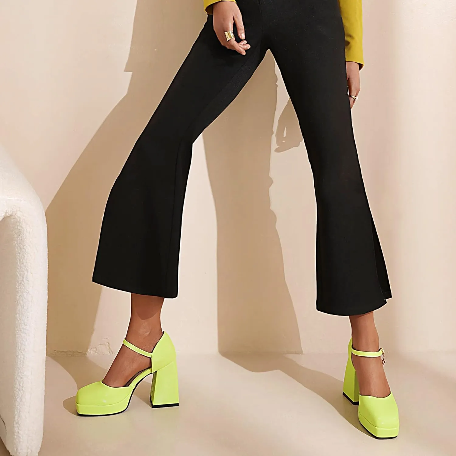 YIYA Women's Chunky Heels Platform Mary Jane Shoes Adjustable Ankle Strap Star Buckle Square Toe Block High Heel Dress Pumps Shoes