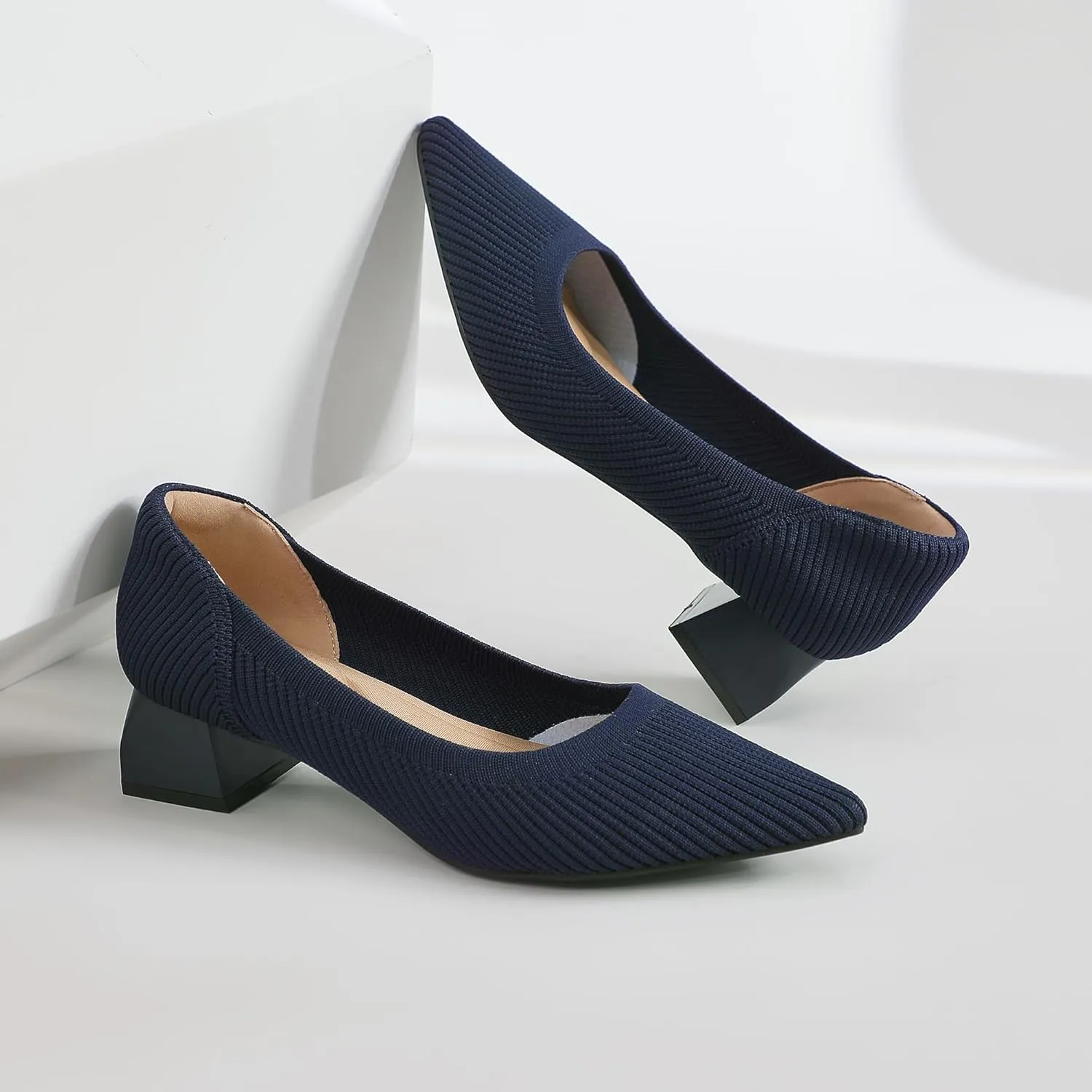 youngshow Women's Pumps Kitten Heels Pointed Toe Knit Slip On Comfortable Casual Formal Dress Shoes