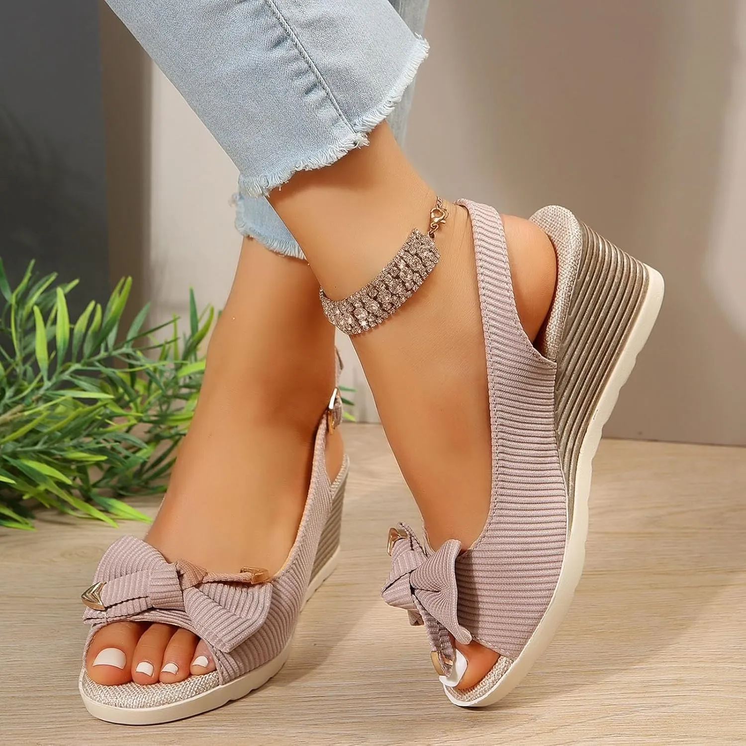 ZSpzx Women Wedge Sandals 2025,Cute Bow Indoor/Outdoor Dance Party Ladies Dress Walking Footwear Adjustable Buckle Vacation Casual Shoe Platform Plantar Fasciitis Daily Wear Soft Cushion Peep Toe