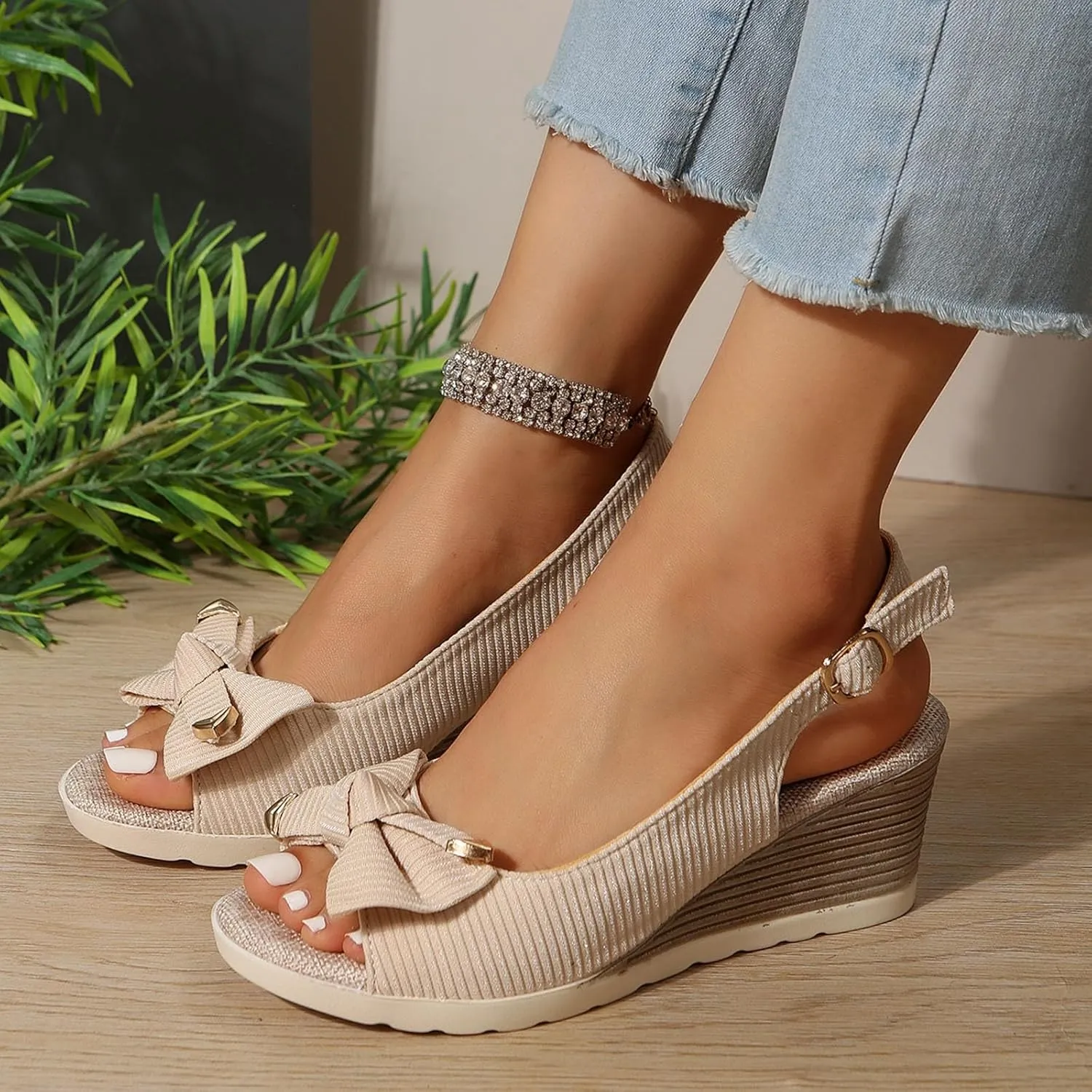 ZSpzx Women Wedge Sandals 2025,Cute Bow Indoor/Outdoor Dance Party Ladies Dress Walking Footwear Adjustable Buckle Vacation Casual Shoe Platform Plantar Fasciitis Daily Wear Soft Cushion Peep Toe