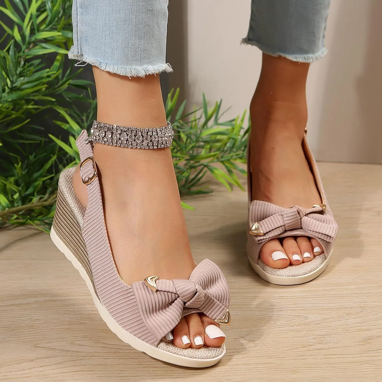 ZSpzx Women Wedge Sandals 2025,Cute Bow Indoor/Outdoor Dance Party Ladies Dress Walking Footwear Adjustable Buckle Vacation Casual Shoe Platform Plantar Fasciitis Daily Wear Soft Cushion Peep Toe